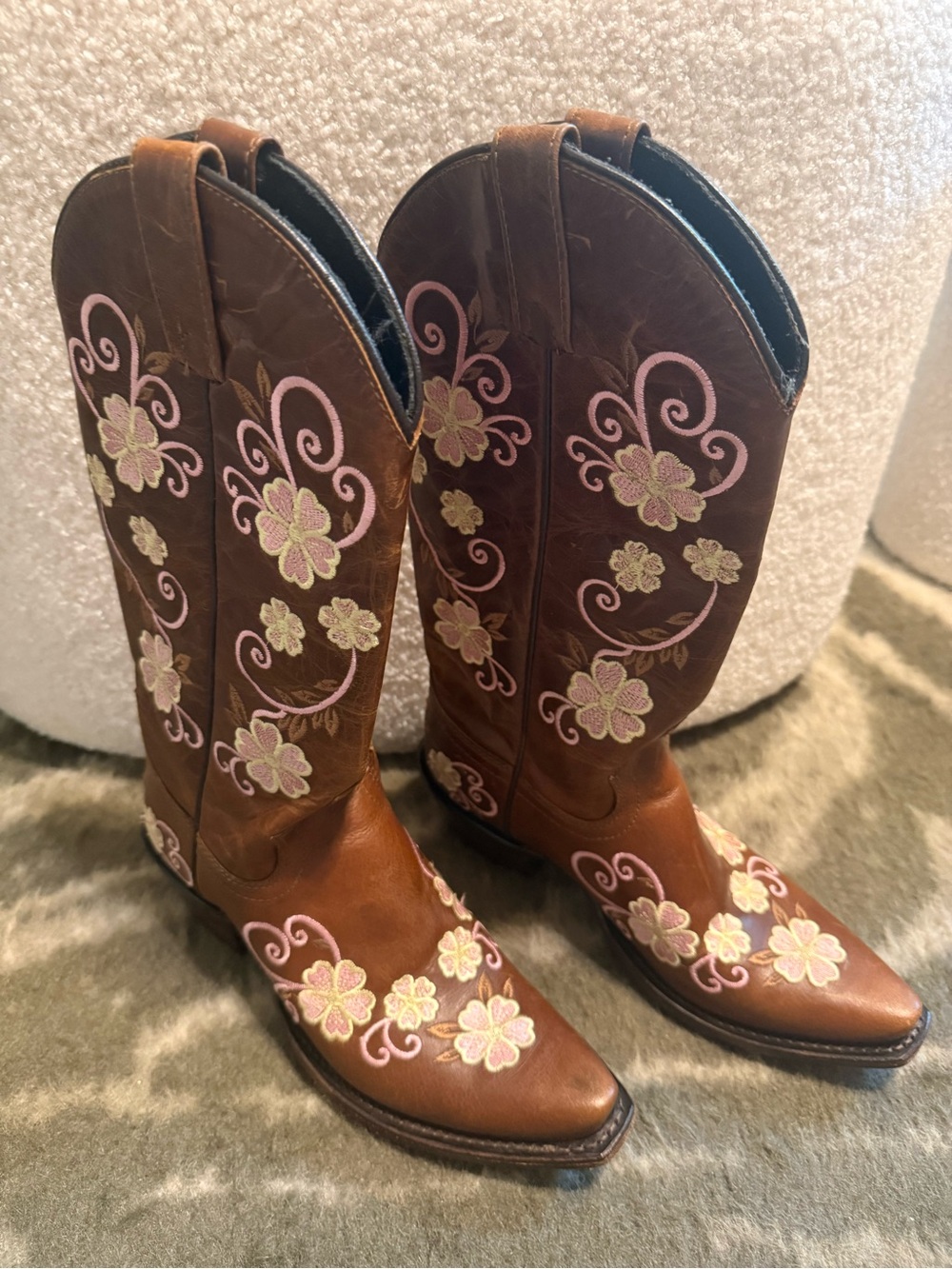 Gypsy Rose Brown Leather Western Boots with Pink and Yellow Floral Embroidery